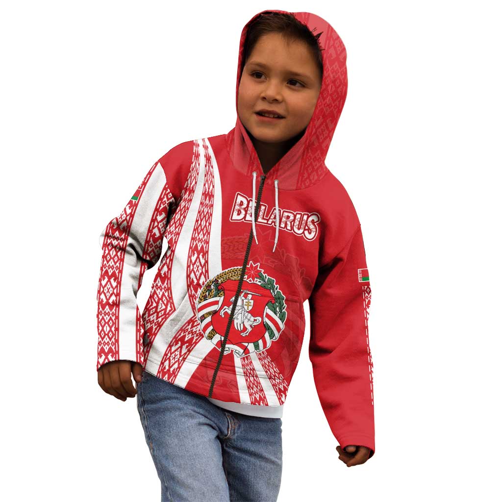 Belarus Kid Hoodie with National Emblem and Traditional Pattern Red