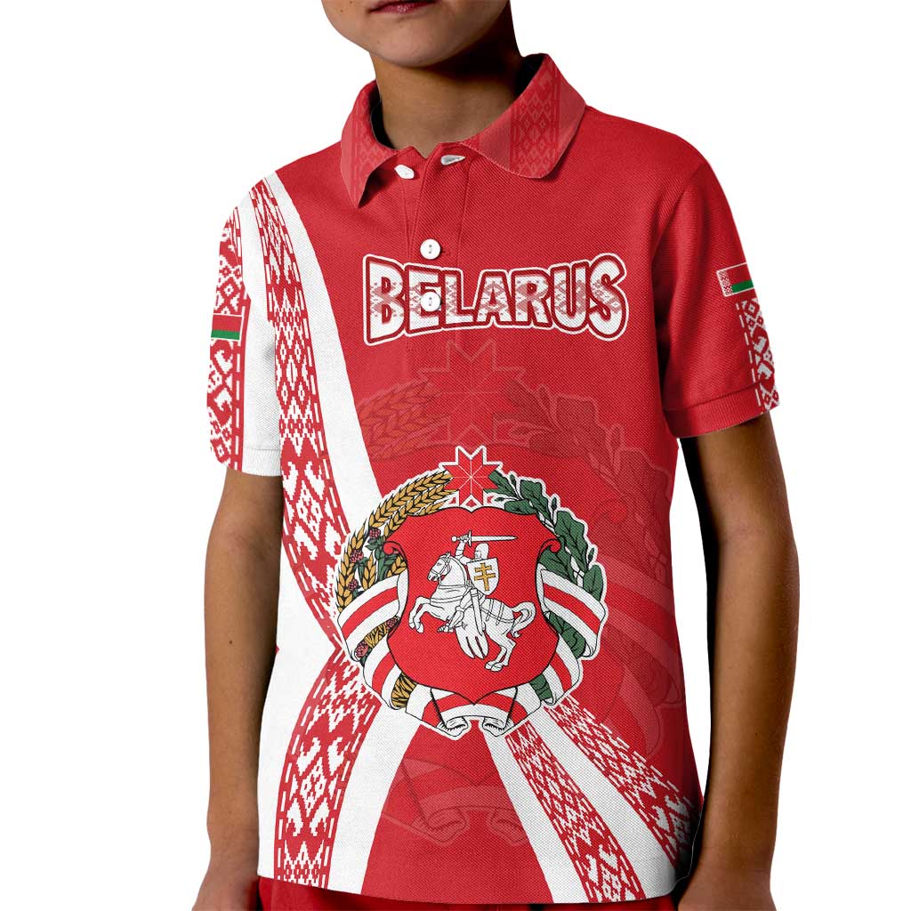 Belarus Kid Polo Shirt with National Emblem and Traditional Pattern Red