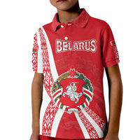 Belarus Kid Polo Shirt with National Emblem and Traditional Pattern Red