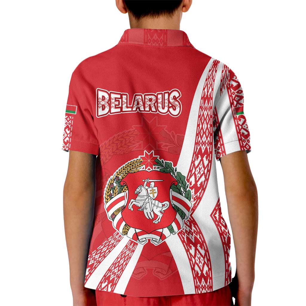Belarus Kid Polo Shirt with National Emblem and Traditional Pattern Red