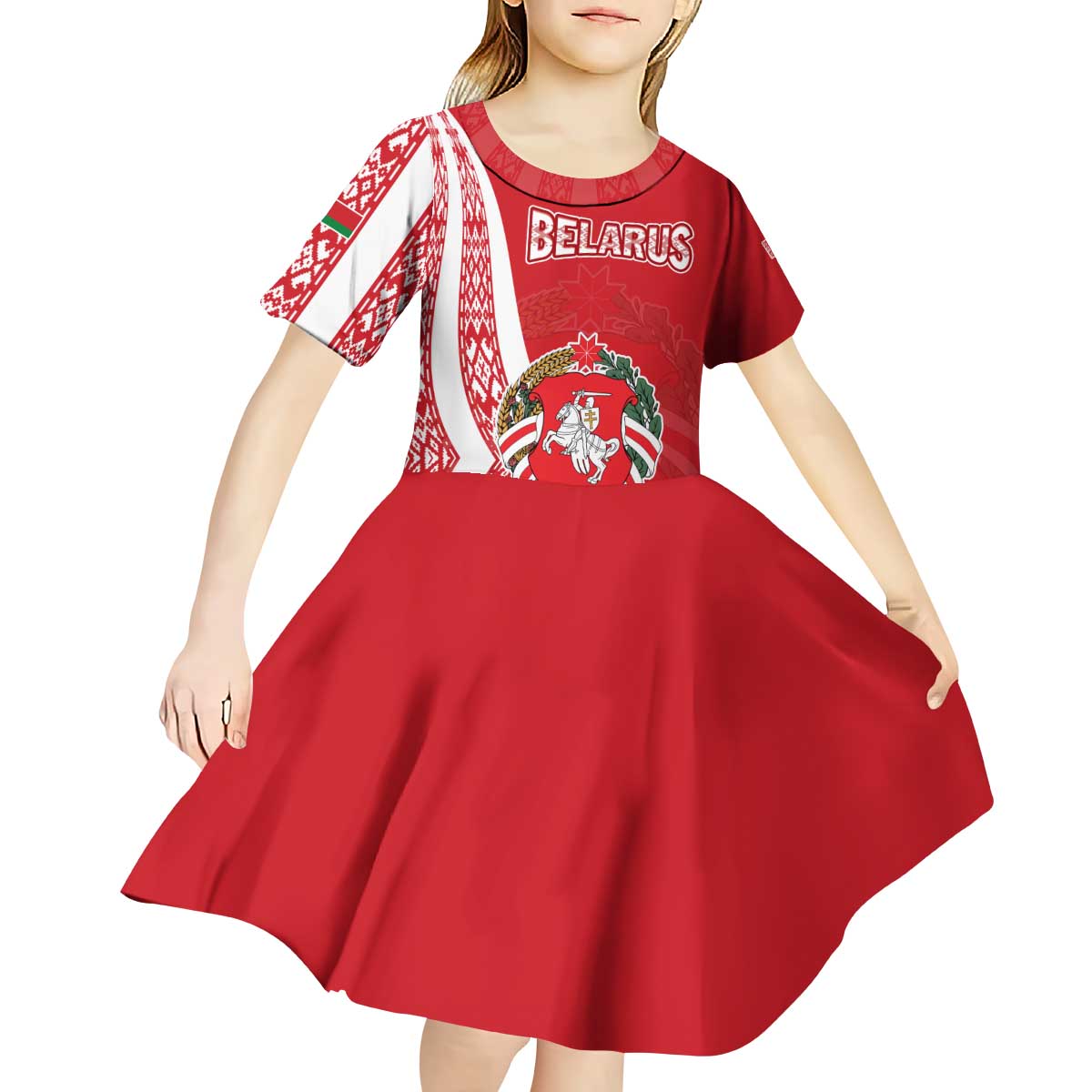 Belarus Kid Short Sleeve Dress with National Emblem and Traditional Pattern Red