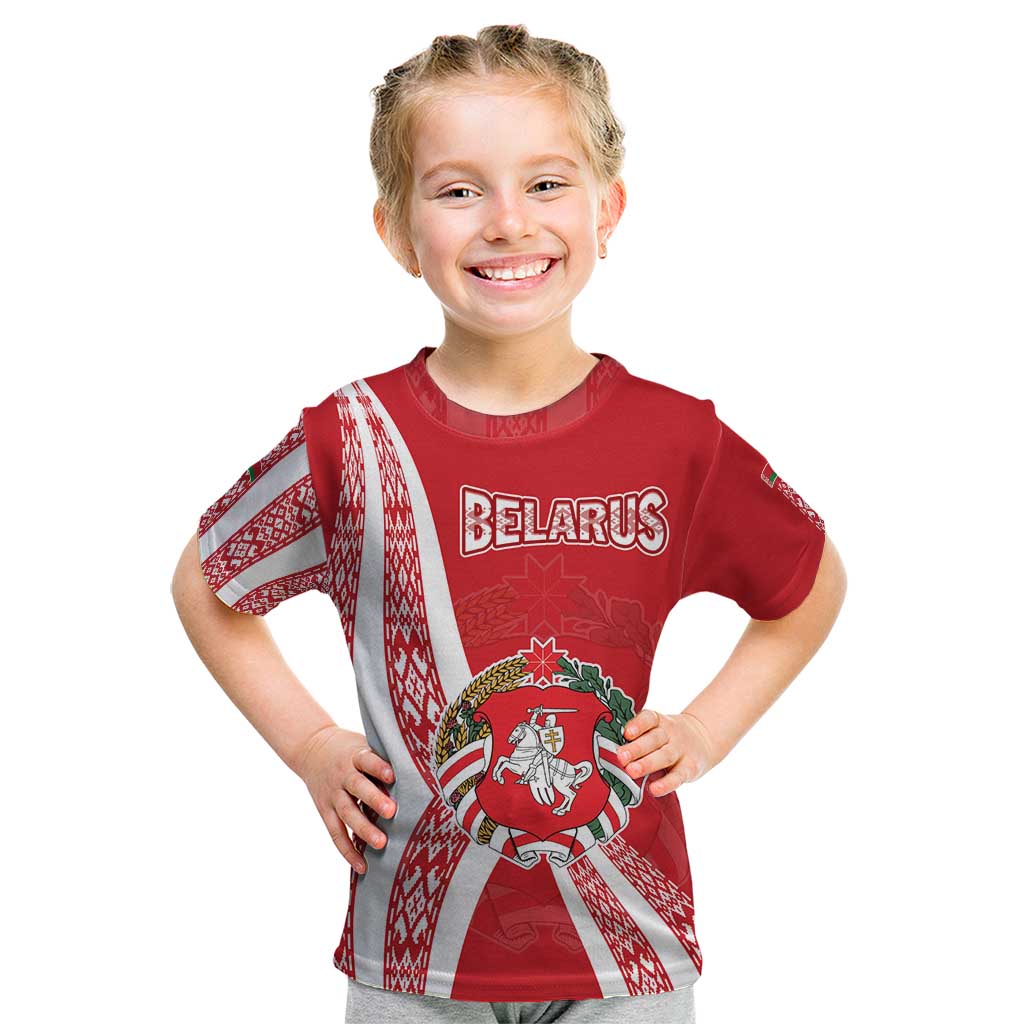 Belarus Kid T Shirt with National Emblem and Traditional Pattern Red