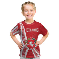 Belarus Kid T Shirt with National Emblem and Traditional Pattern Red