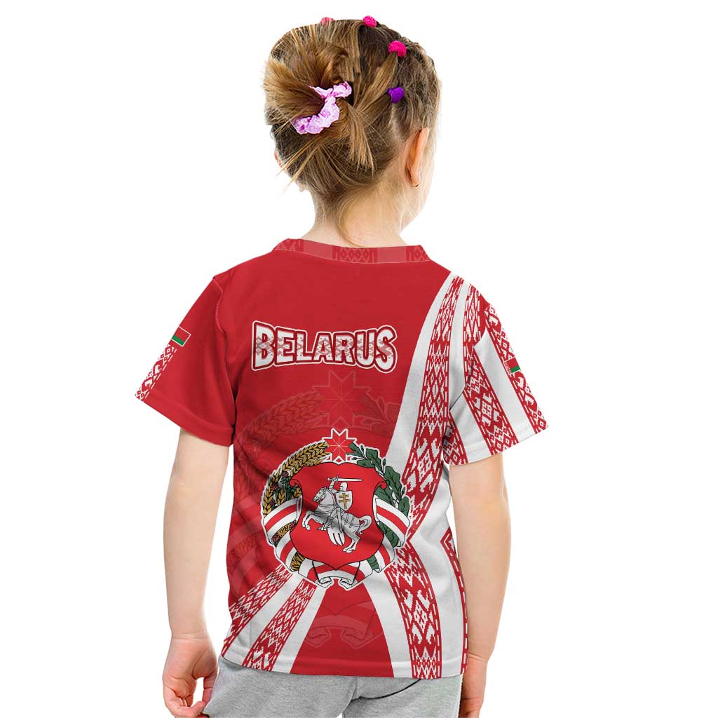 Belarus Kid T Shirt with National Emblem and Traditional Pattern Red