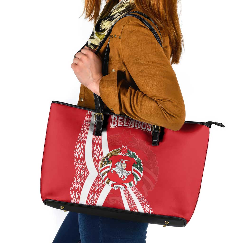 Belarus Leather Tote Bag with National Emblem and Traditional Pattern Red