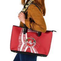 Belarus Leather Tote Bag with National Emblem and Traditional Pattern Red