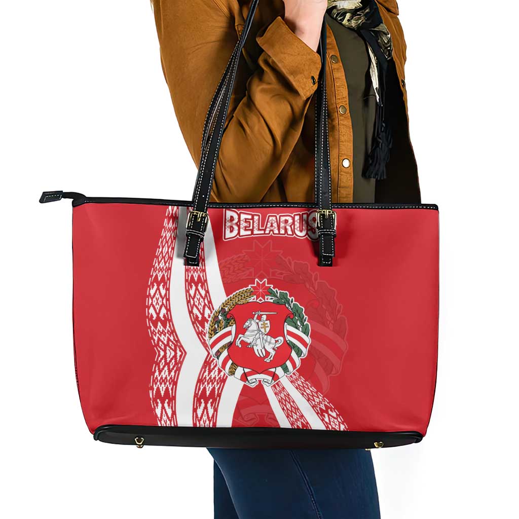 Belarus Leather Tote Bag with National Emblem and Traditional Pattern Red