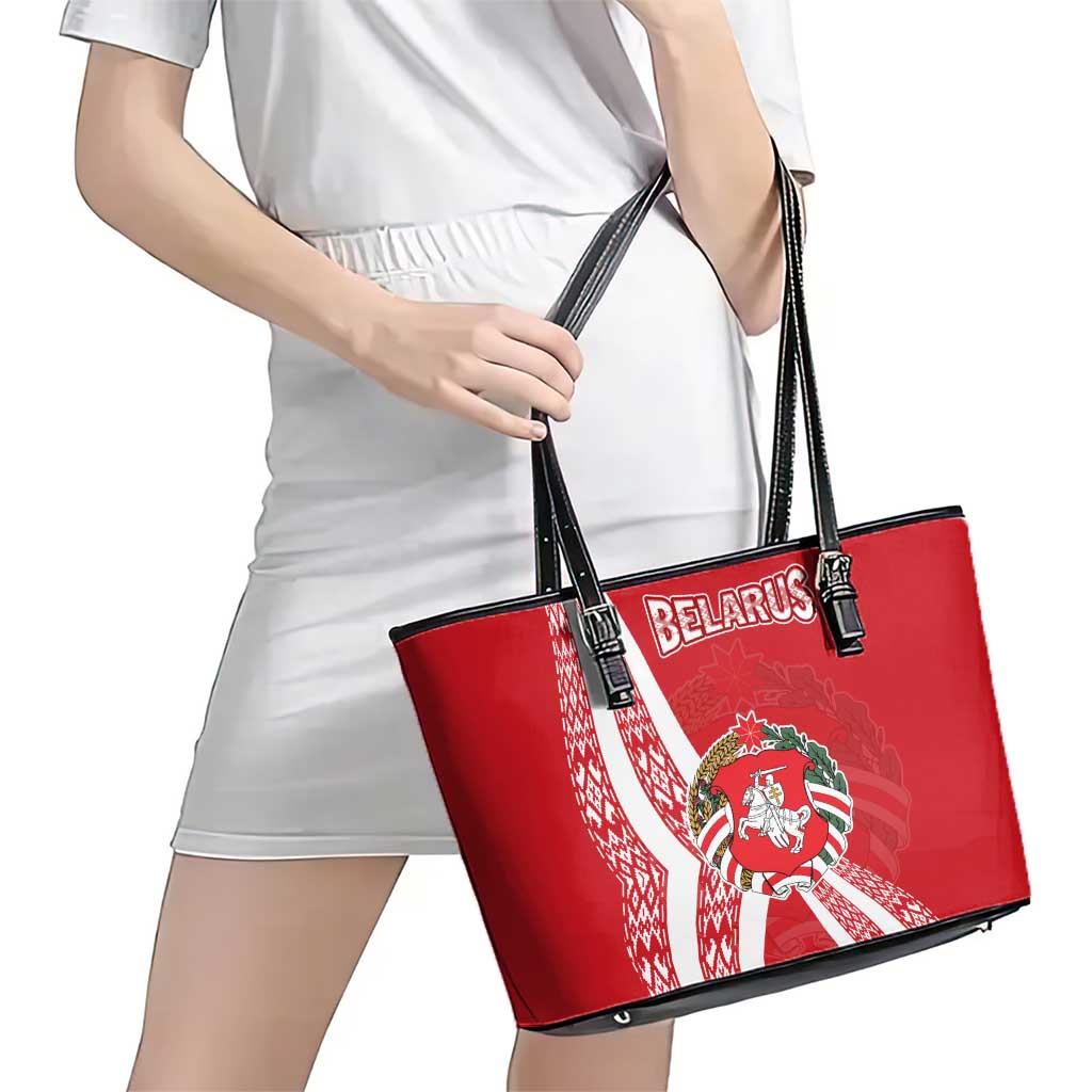 Belarus Leather Tote Bag with National Emblem and Traditional Pattern Red