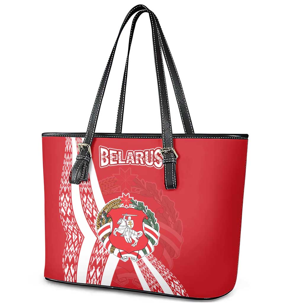 Belarus Leather Tote Bag with National Emblem and Traditional Pattern Red