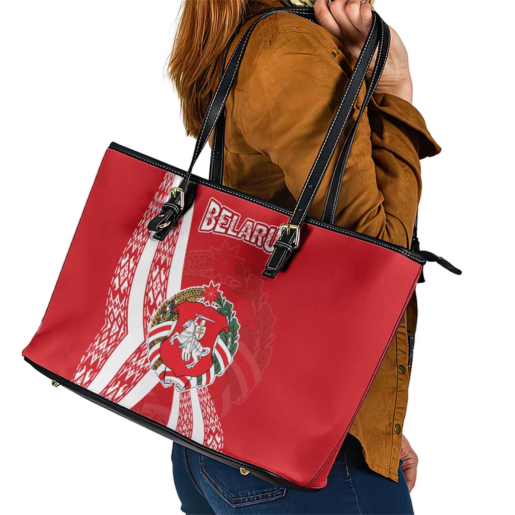 Belarus Leather Tote Bag with National Emblem and Traditional Pattern Red