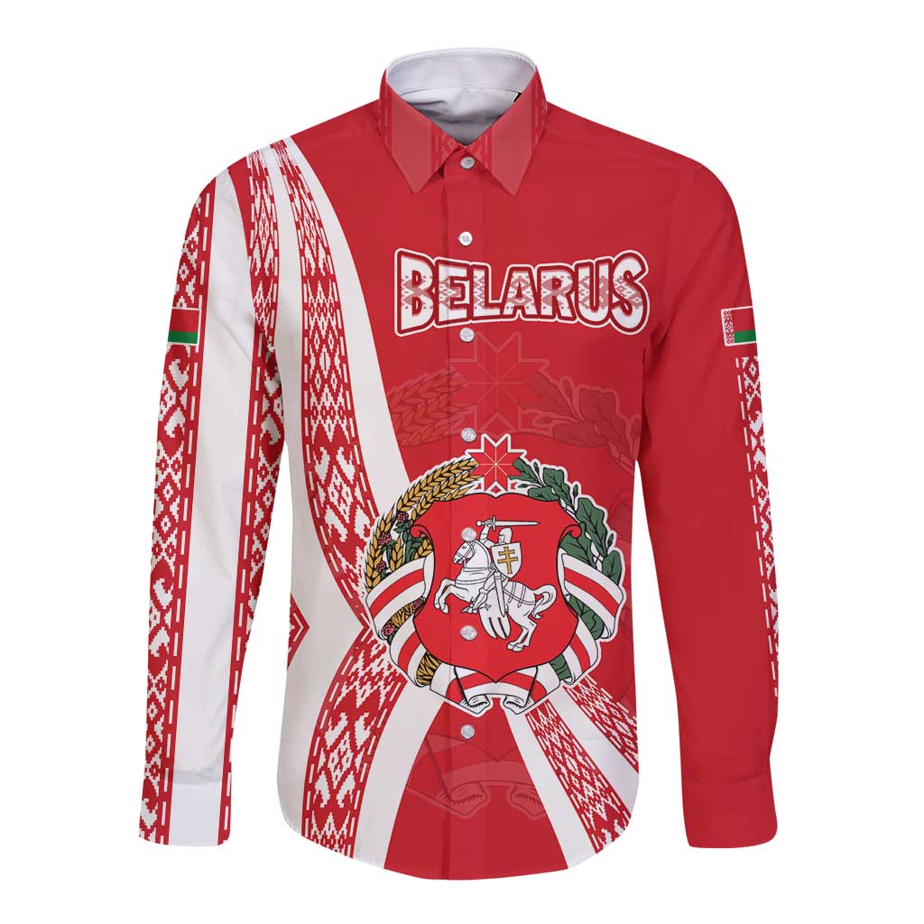 Belarus Long Sleeve Button Shirt with National Emblem and Traditional Pattern Red