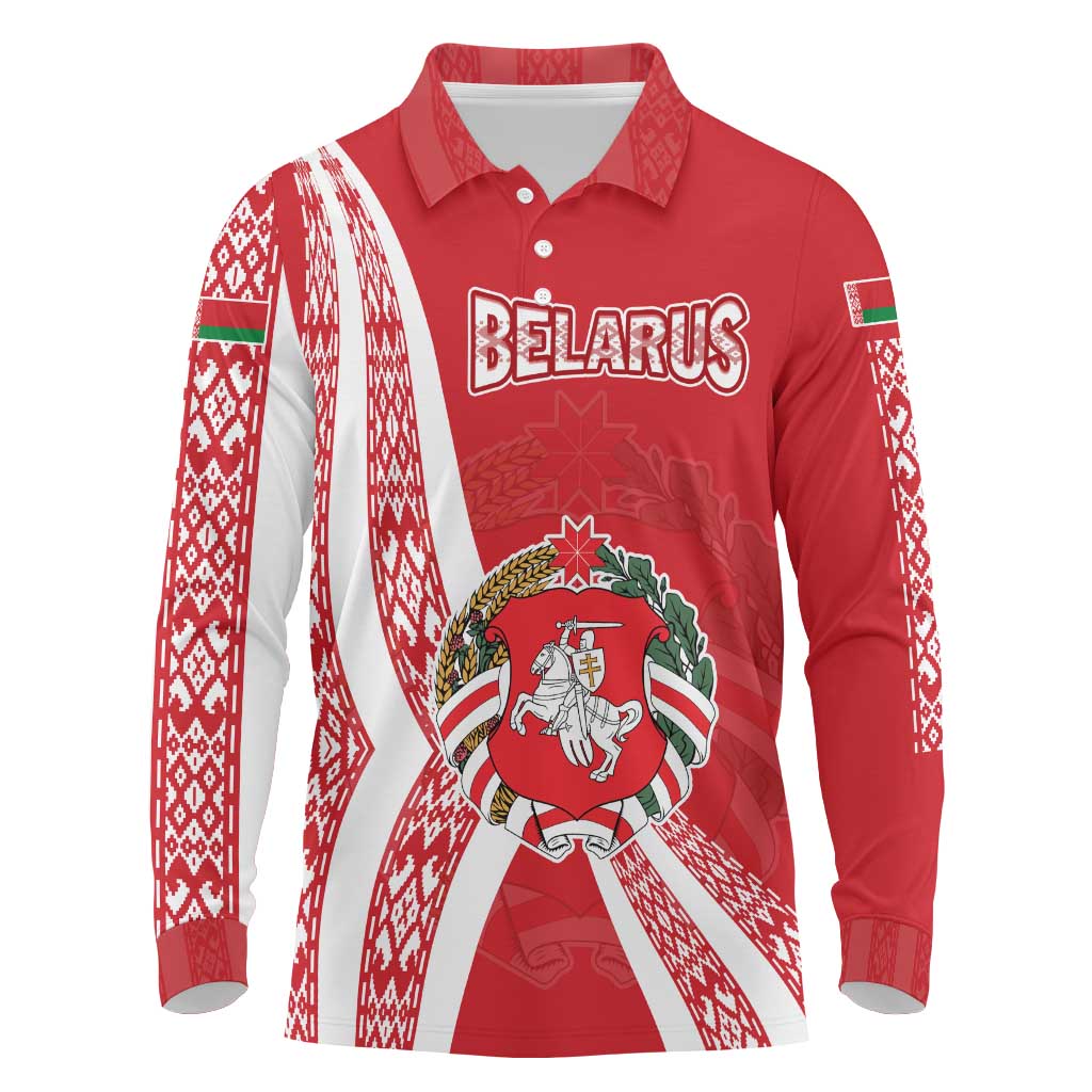 Belarus Long Sleeve Polo Shirt with National Emblem and Traditional Pattern Red