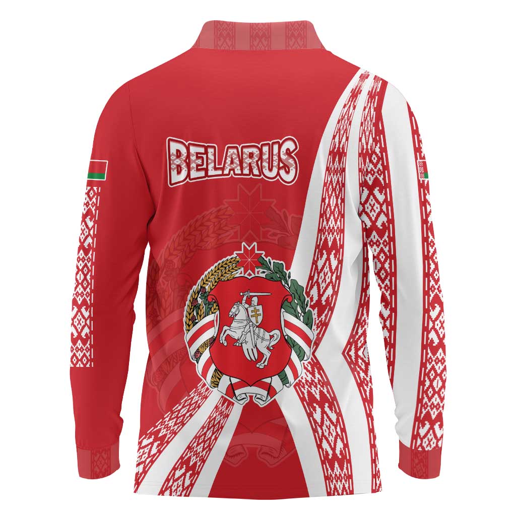 Belarus Long Sleeve Polo Shirt with National Emblem and Traditional Pattern Red