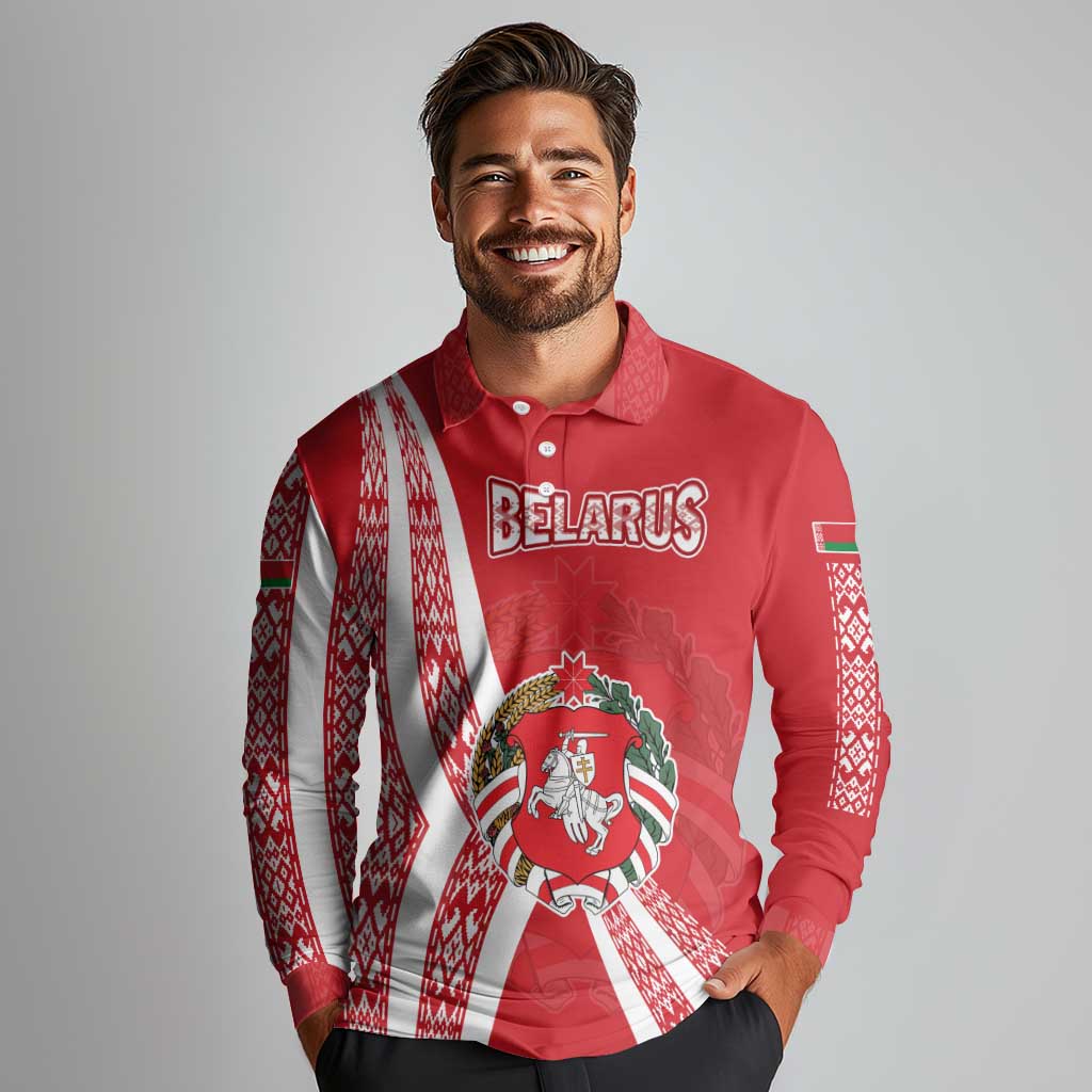 Belarus Long Sleeve Polo Shirt with National Emblem and Traditional Pattern Red