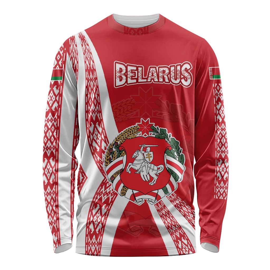 Belarus Long Sleeve Shirt with National Emblem and Traditional Pattern Red