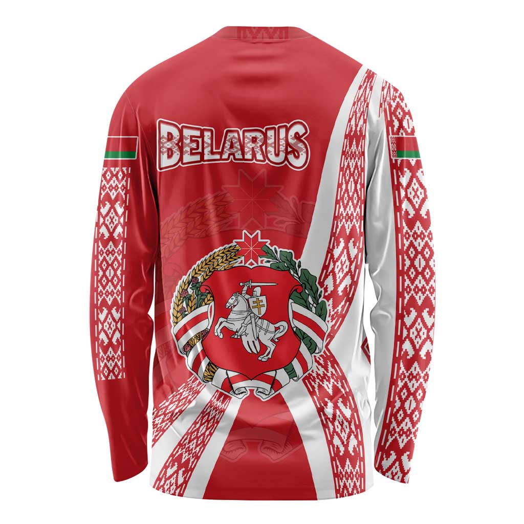 Belarus Long Sleeve Shirt with National Emblem and Traditional Pattern Red