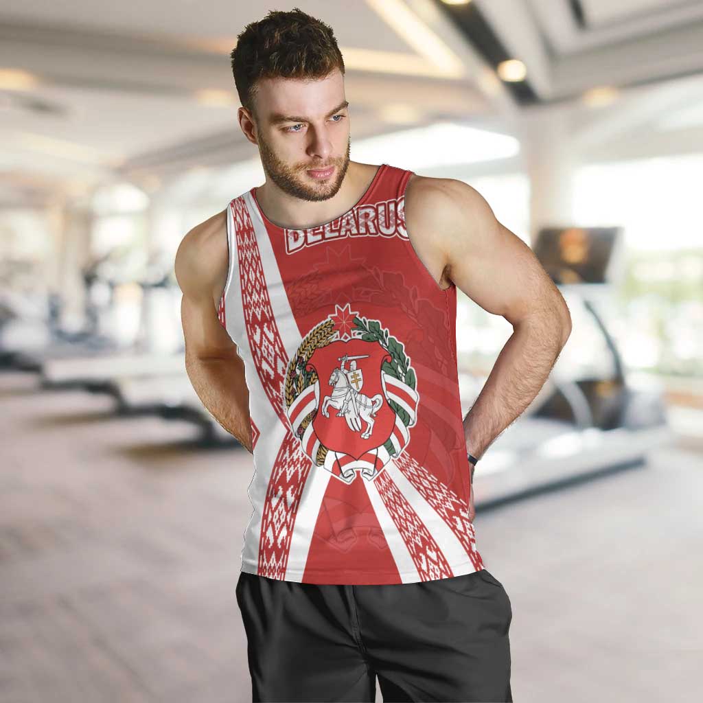 Belarus Men Tank Top with National Emblem and Traditional Pattern Red
