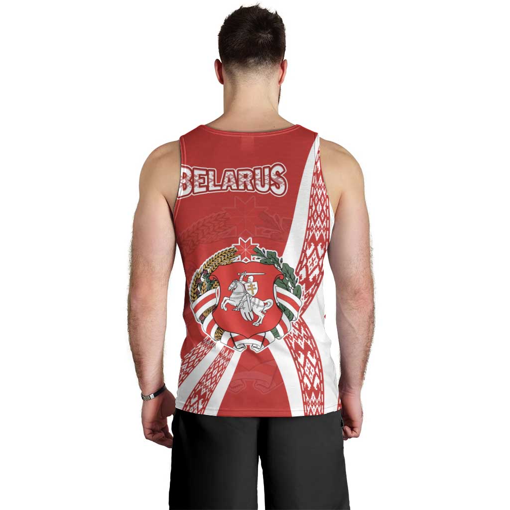 Belarus Men Tank Top with National Emblem and Traditional Pattern Red