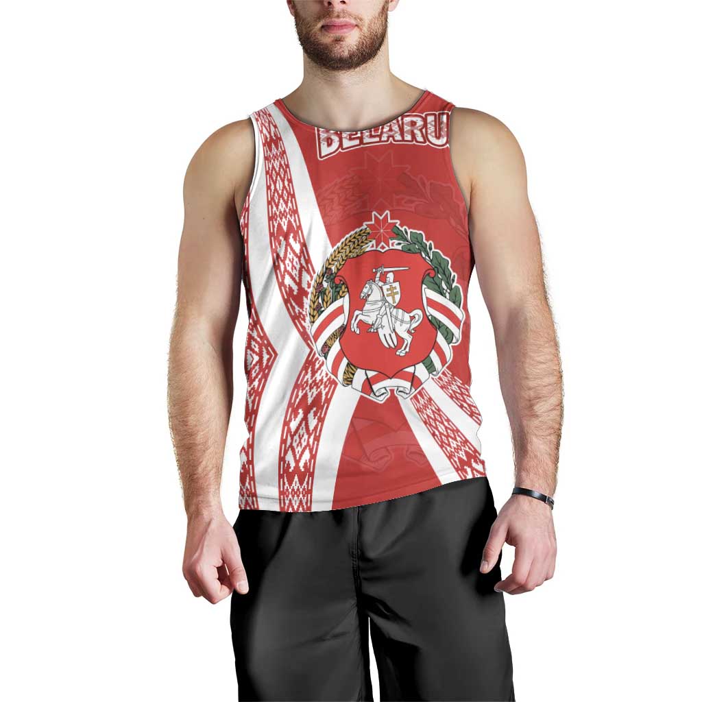 Belarus Men Tank Top with National Emblem and Traditional Pattern Red