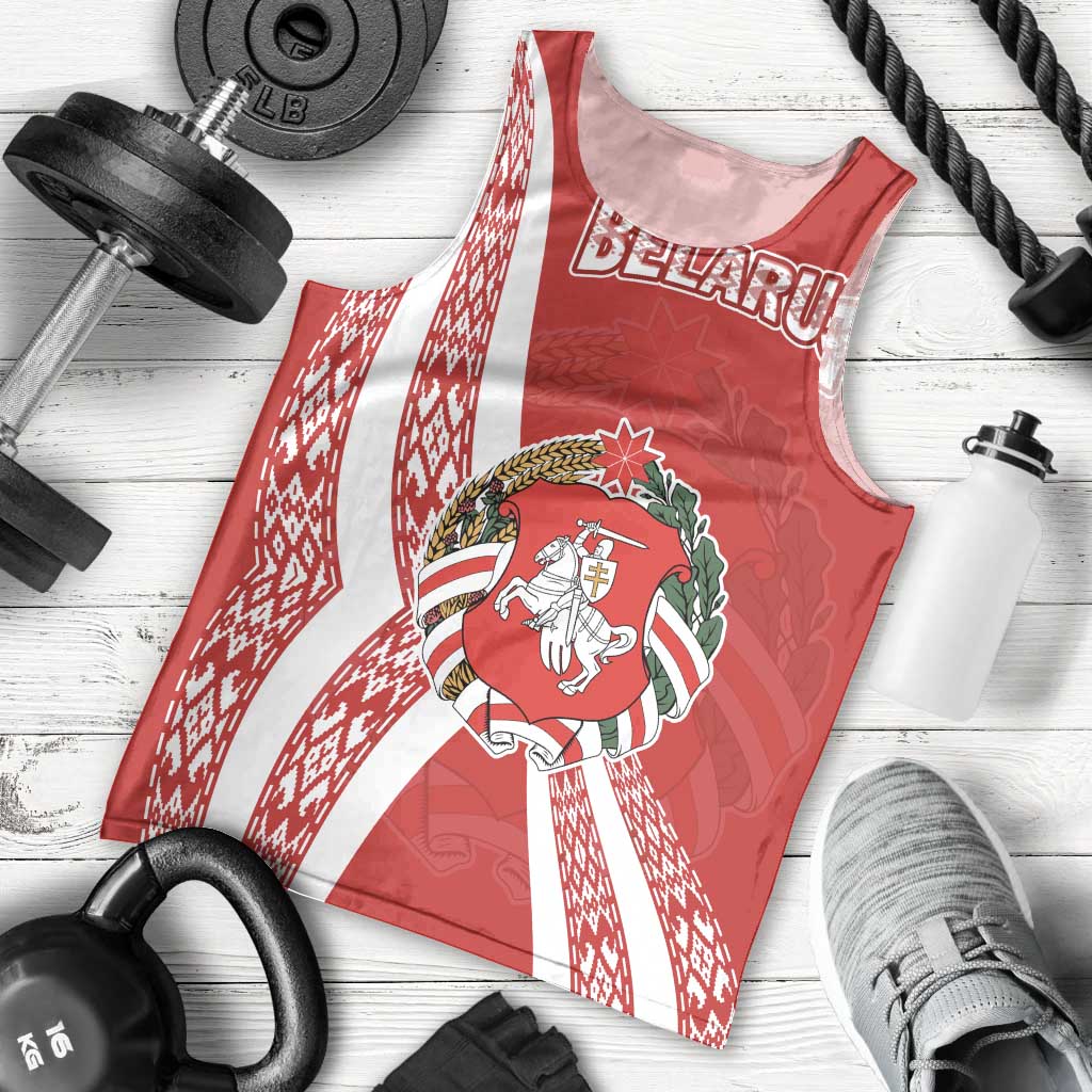 Belarus Men Tank Top with National Emblem and Traditional Pattern Red