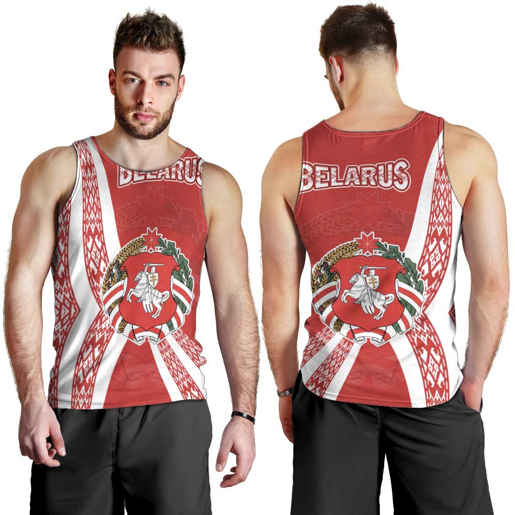 Belarus Men Tank Top with National Emblem and Traditional Pattern Red