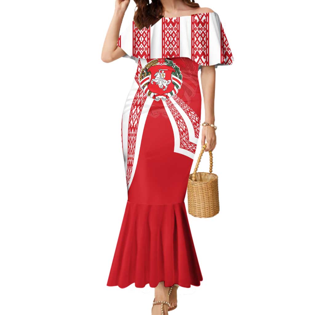Belarus Mermaid Dress with National Emblem and Traditional Pattern Red