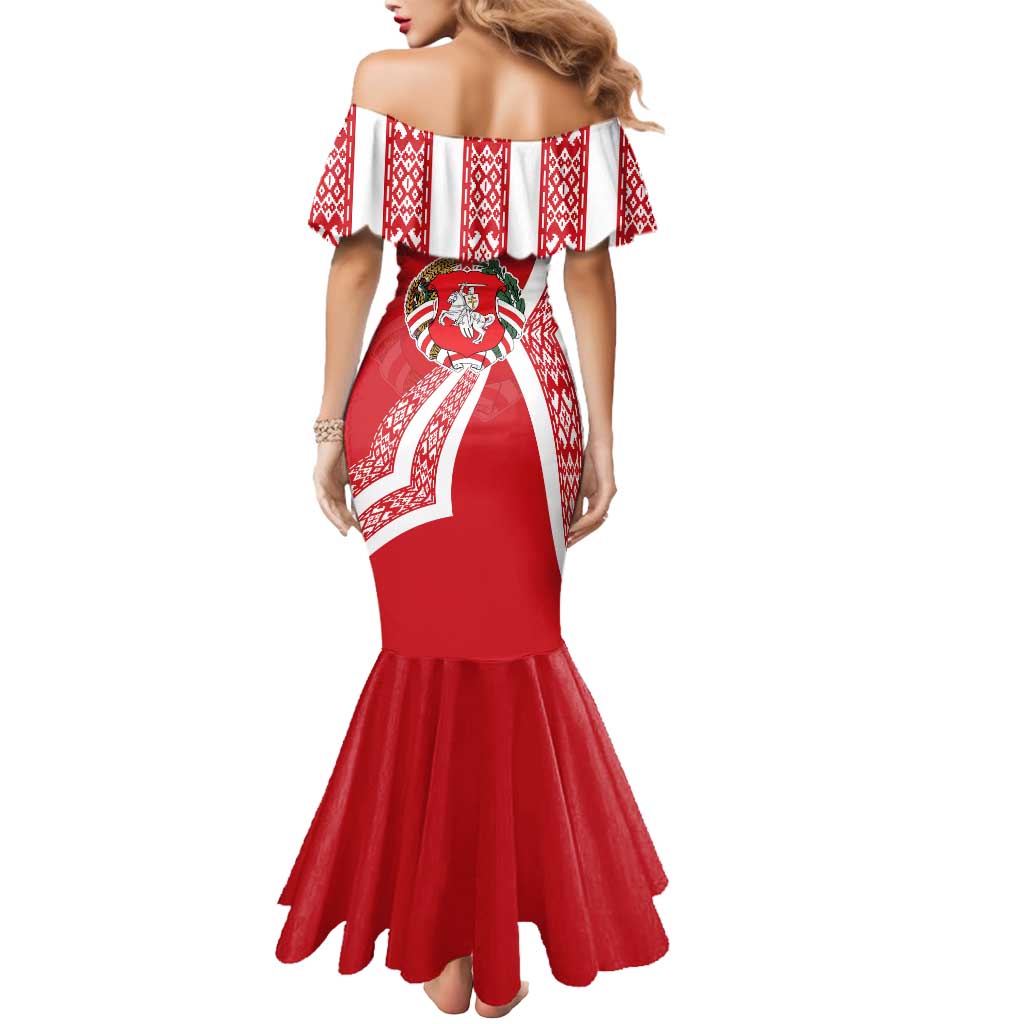 Belarus Mermaid Dress with National Emblem and Traditional Pattern Red