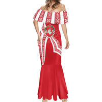 Belarus Mermaid Dress with National Emblem and Traditional Pattern Red
