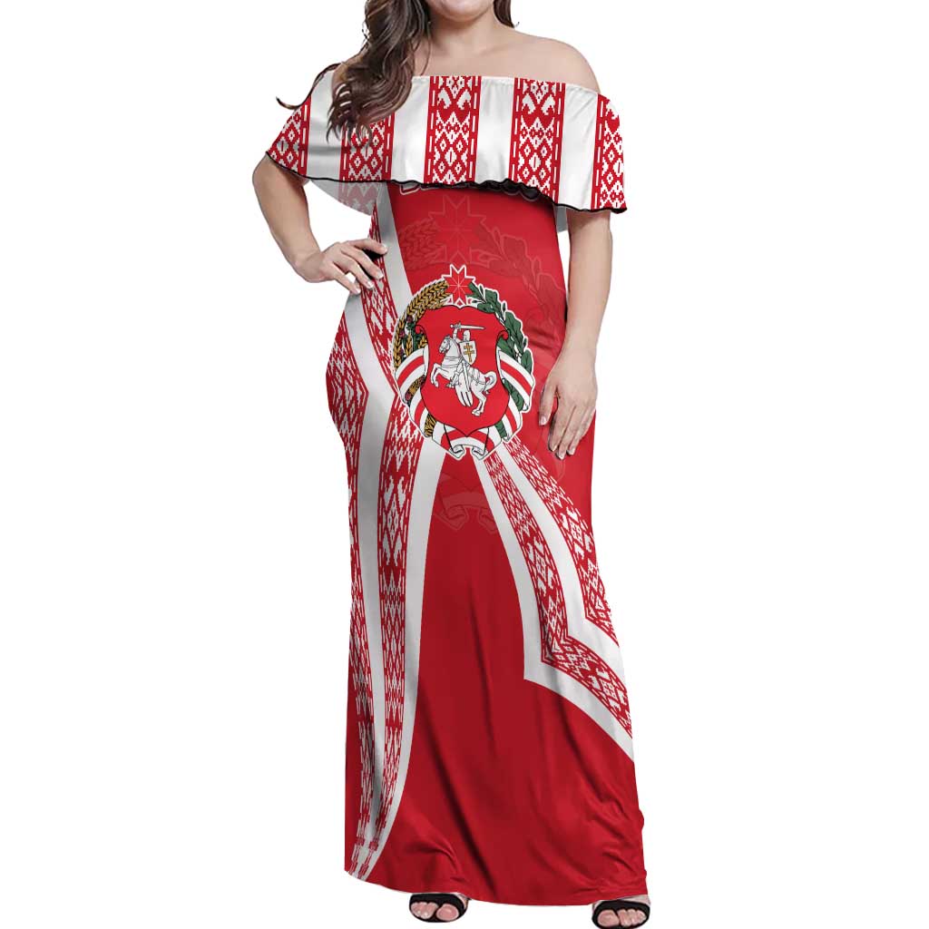 Belarus Off Shoulder Maxi Dress with National Emblem and Traditional Pattern Red