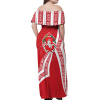 Belarus Off Shoulder Maxi Dress with National Emblem and Traditional Pattern Red