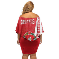 Belarus Off Shoulder Short Dress with National Emblem and Traditional Pattern Red