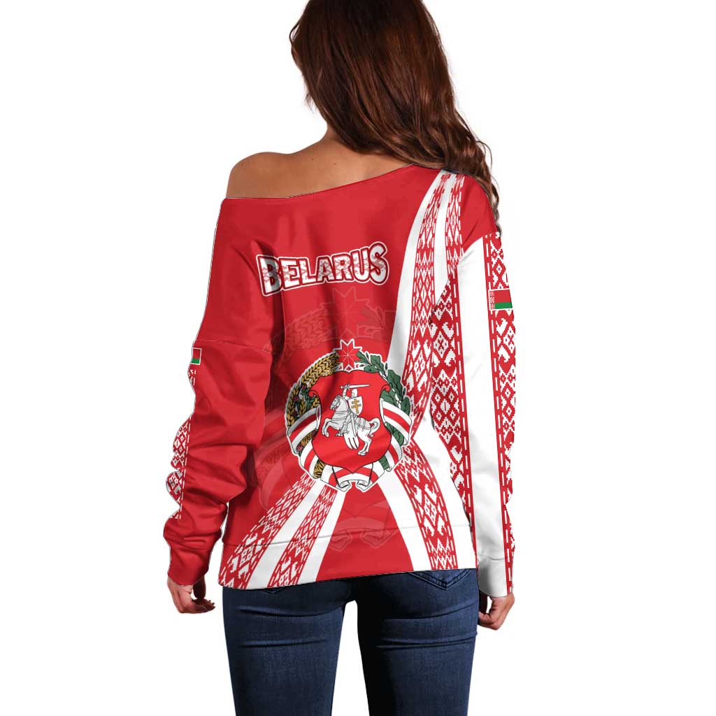 Belarus Off Shoulder Sweater with National Emblem and Traditional Pattern Red