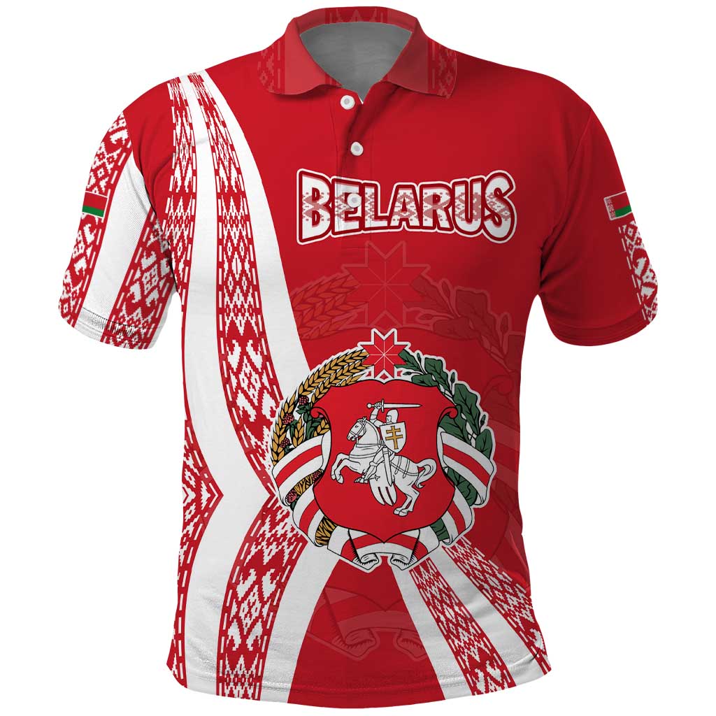Belarus Polo Shirt with National Emblem and Traditional Pattern Red