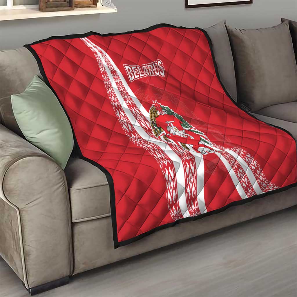 Belarus Quilt with National Emblem and Traditional Pattern Red