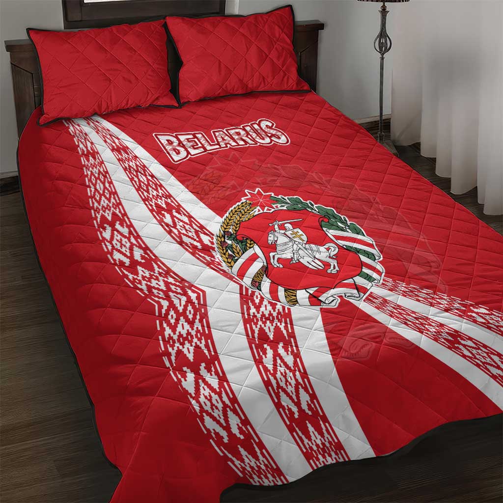 Belarus Quilt Bed Set with National Emblem and Traditional Pattern Red