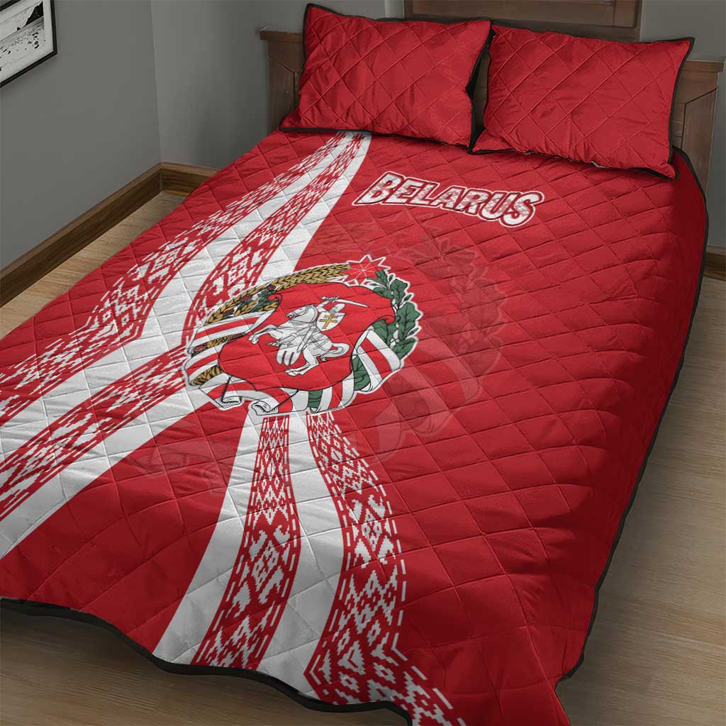 Belarus Quilt Bed Set with National Emblem and Traditional Pattern Red