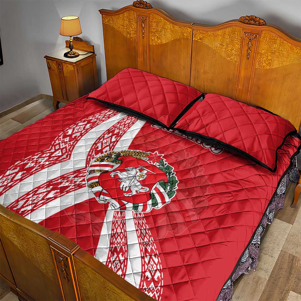 Belarus Quilt Bed Set with National Emblem and Traditional Pattern Red