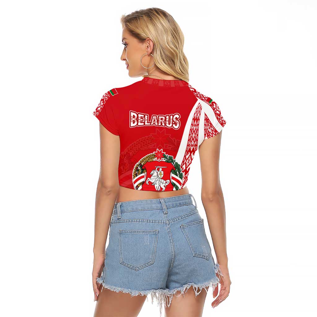 Belarus Raglan Cropped T Shirt with National Emblem and Traditional Pattern Red