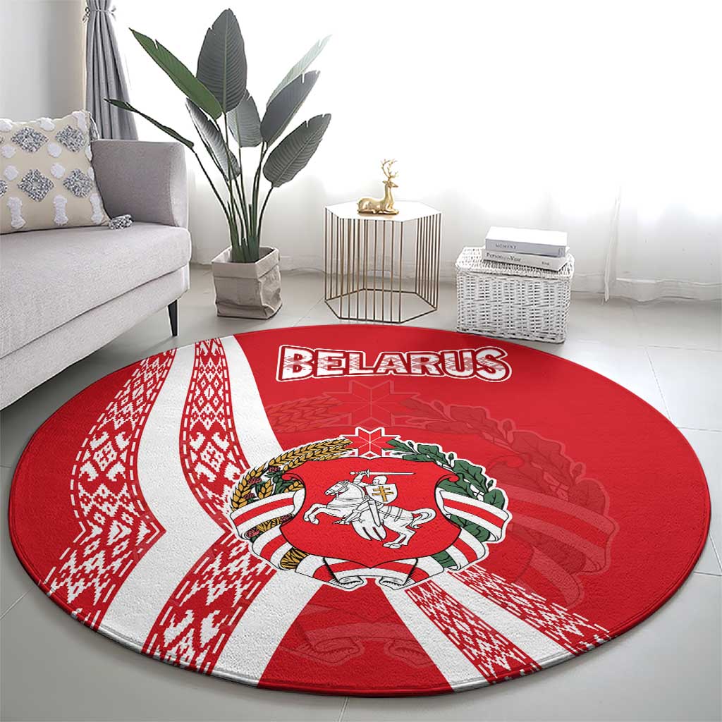Belarus Round Carpet with National Emblem and Traditional Pattern Red
