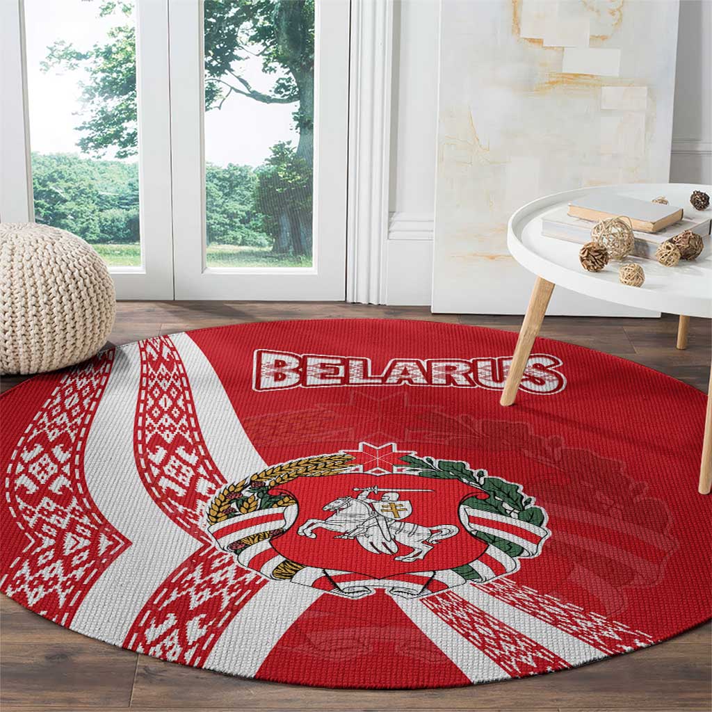 Belarus Round Carpet with National Emblem and Traditional Pattern Red