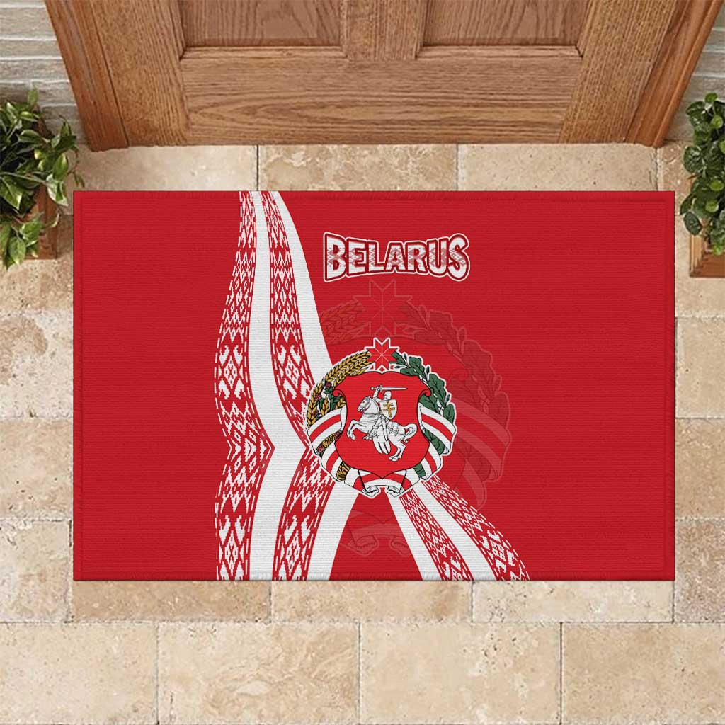 Belarus Rubber Doormat with National Emblem and Traditional Pattern Red