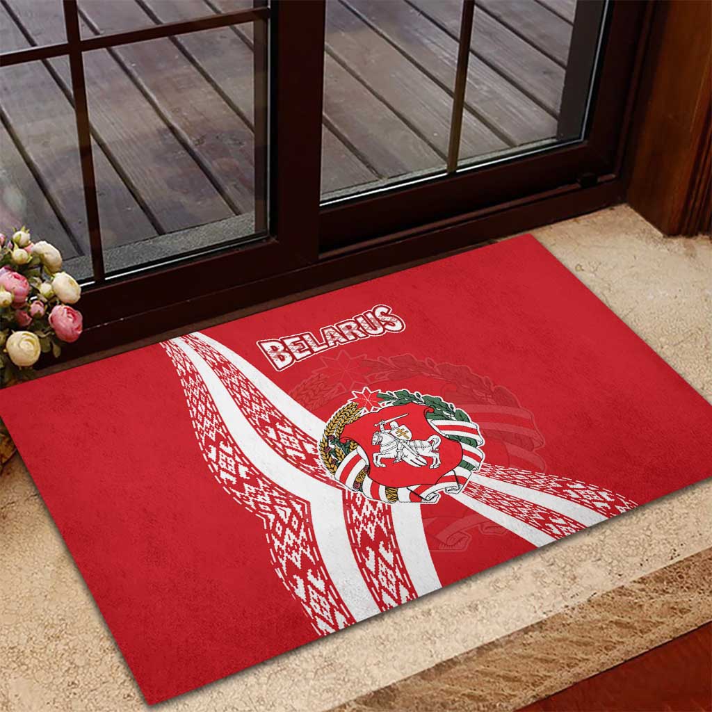 Belarus Rubber Doormat with National Emblem and Traditional Pattern Red