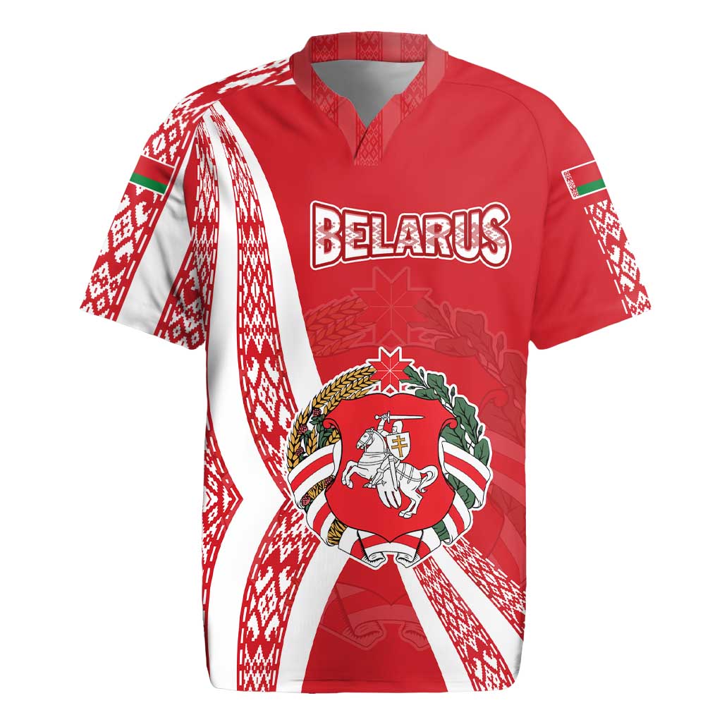 Belarus Rugby Jersey with National Emblem and Traditional Pattern Red