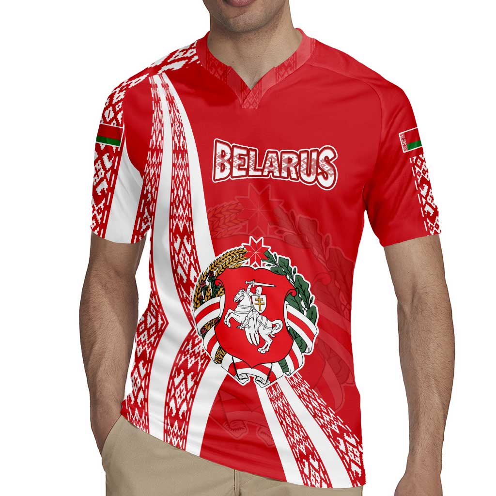 Belarus Rugby Jersey with National Emblem and Traditional Pattern Red