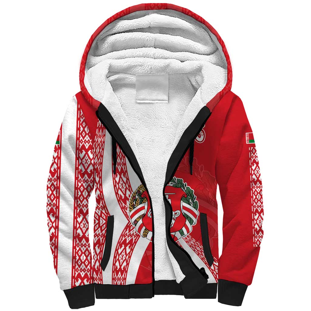 Belarus Sherpa Hoodie with National Emblem and Traditional Pattern Red
