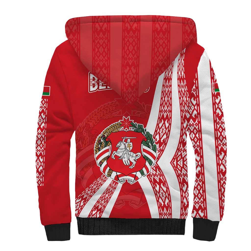 Belarus Sherpa Hoodie with National Emblem and Traditional Pattern Red