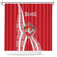 Belarus Shower Curtain with National Emblem and Traditional Pattern Red