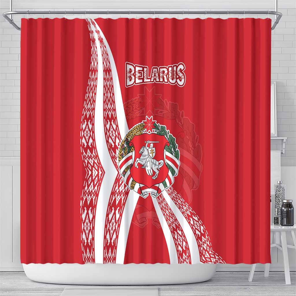 Belarus Shower Curtain with National Emblem and Traditional Pattern Red