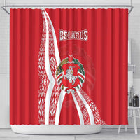 Belarus Shower Curtain with National Emblem and Traditional Pattern Red