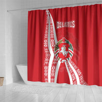 Belarus Shower Curtain with National Emblem and Traditional Pattern Red
